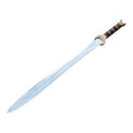 Sword with a light blue blade and brown handle on a white background