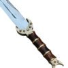 Decorative sword with a wooden handle and metal accents on a white background