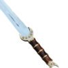 Decorative sword with a wooden handle and metal accents on a white background