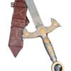 Decorative sword with ornate handle and sheath on a white background