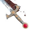 Decorative sword with ornate handle and red gemstone on a white background