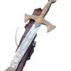 Decorative sword with intricate designs and a red gem on a white background