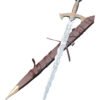Decorative sword with a brown sheath on a white background