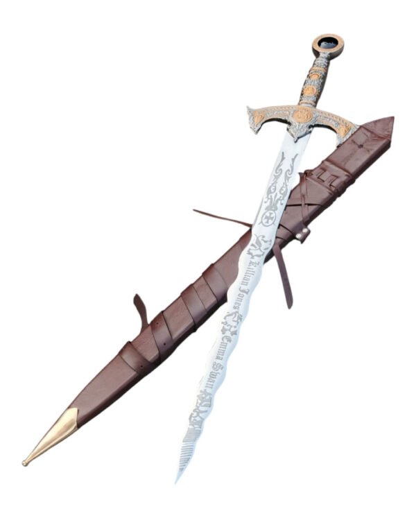 Decorative sword with a brown sheath on a white background