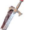 Decorative sword with ornate handle and red gemstone on a white background