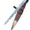Decorative dagger with a detailed blade and brown sheath on a white background