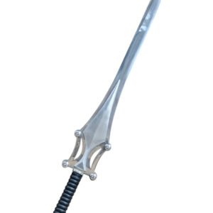 Silver sword with a black handle on a white background