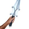 Hand holding a sword with a white background