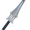 Silver sword with a black handle on a white background