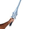 Hand holding a sword with a white background