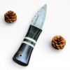 Handcrafted knife with a black handle and silver blade, surrounded by pine cones on a white background.
