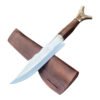 Knife with wooden handle and leather sheath on a white background