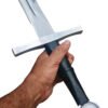 Hand holding a sword with a white background