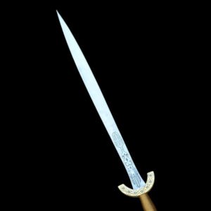 Decorative sword with a gold handle on a black background