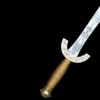 Decorative sword with gold handle and intricate blade design on a black background