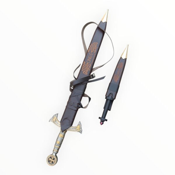 Decorative sword with ornate handle and sheath on a white background