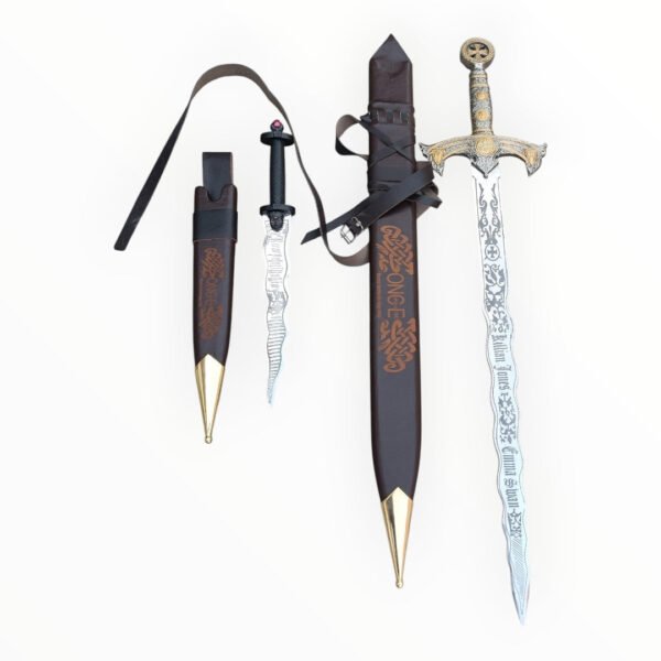 Two swords with ornate sheaths on a white background