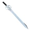 Decorative sword with a silver blade and black handle on a white background