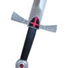Toy sword with a black handle and silver blade featuring red accents on a white background