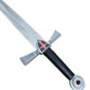 Decorative sword with a silver blade and black handle on a white background