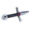 Sword with a black handle and red emblem on a white background