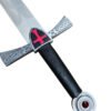 Sword with a decorative hilt featuring a red emblem on a white background
