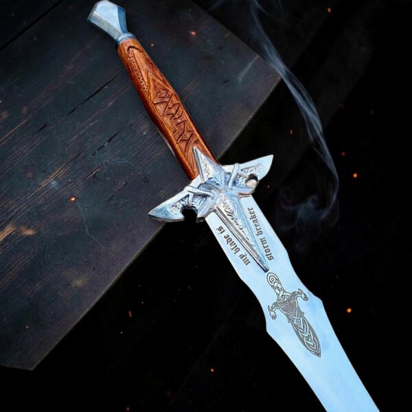 Handmade Royal Knight Sword: High Polish Stainless Steel Blade, Carved Wood Handle